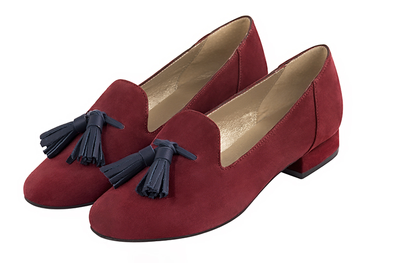 Burgundy red and navy blue women's loafers with pompons. Round toe. Flat block heels. Front view - Florence KOOIJMAN
